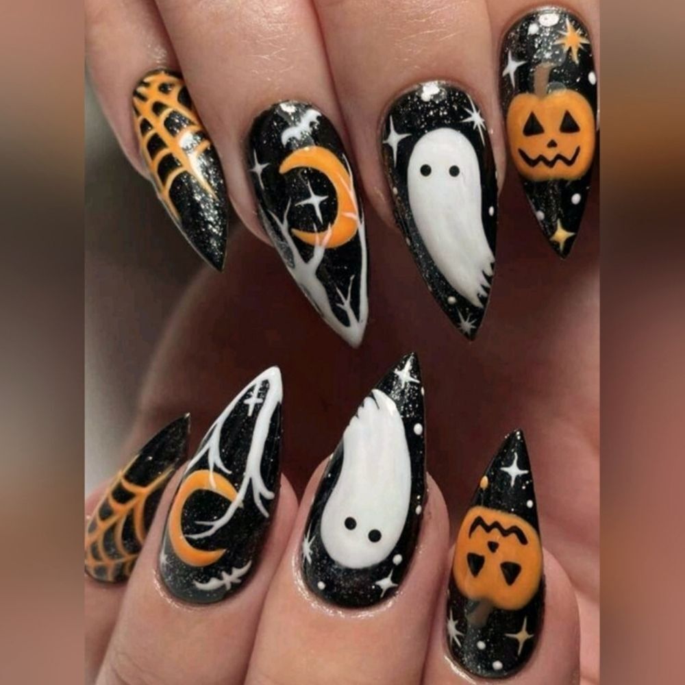 Halloween Press On Nails Ghost Pumpkin Design